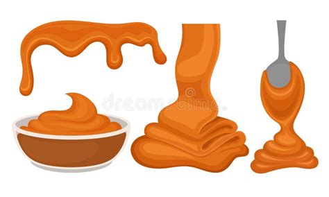 Sweet Caramel Flowing Down In Layers And Poured In Glass Bowl Vector