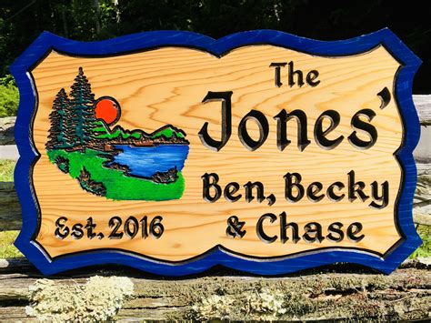 Hand Carved Hand Painted Wood Sign With Lake And Mountain Scene