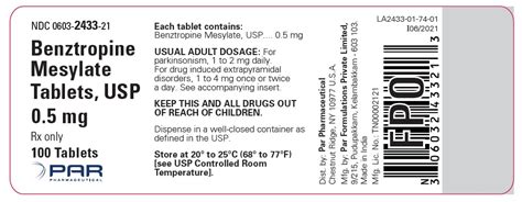 Benztropine Mesylate Tablets Usp 05 Mg 1 Mg And 2 Mg