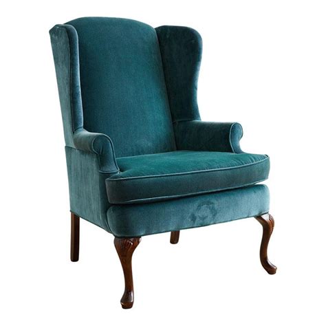 Chesterfield queen anne wingback fireside armchair vintage brown leather. 20th Century Queen Anne Teal Velvet Wingback Armchair ...