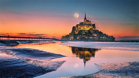 Mont Saint Michel France Moon Starry Sky Background Reflection On Water