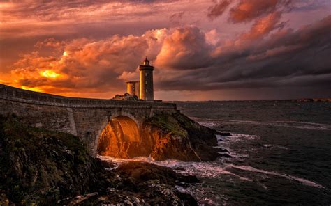Nature Landscape Lighthouse Sunset Clouds Sea Bridge France Rock Coast Gold Wallpapers