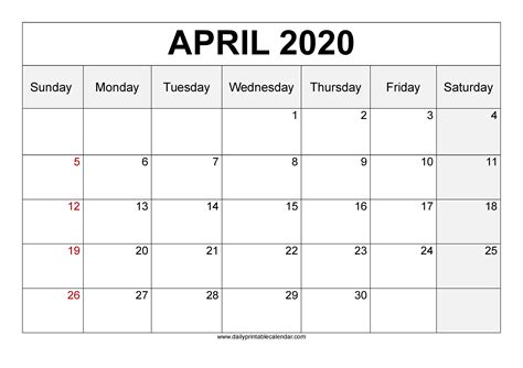 April 2020 Printable Calendar Word Pdf Excel Editable Template