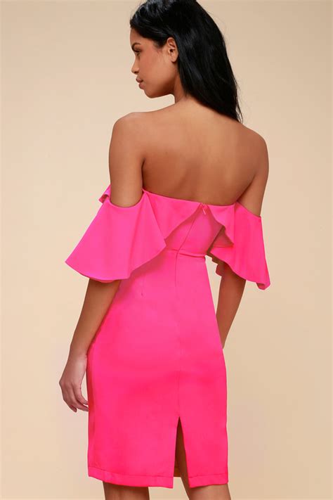 Cute Hot Pink Dress Off The Shoulder Dress Bodycon Dress Lulus