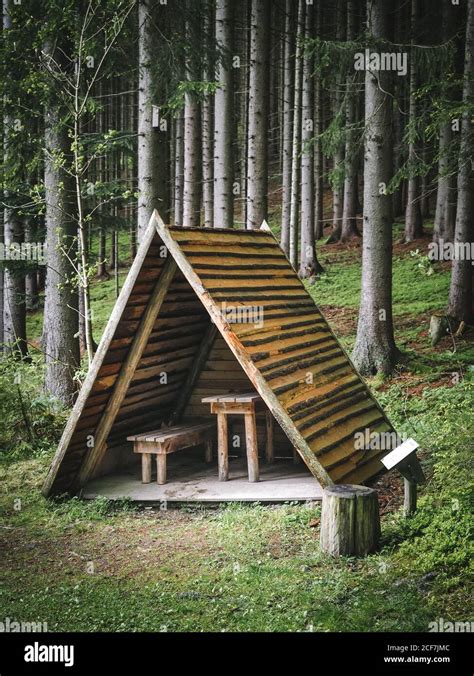 Wooden Shelter In The Forest On Blurry Background Stock Photo Alamy