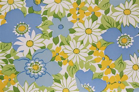 1970s Vintage Retro Flowers Blue And White Rosies Vintage Blue And