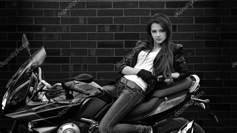 Seductive Girl Sits On Bike On Black Background With Leather Jacketcoolbeautiful Girl With