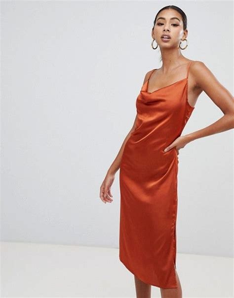 Missguided Missguided Strappy Cowl Midi Satin Dress In Rust Satin