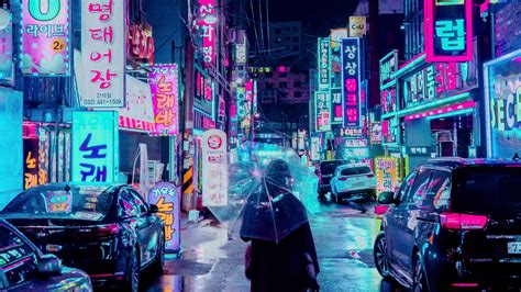 Night City Street Umbrella Man Signboards Lighting Neon 4k 1538068839