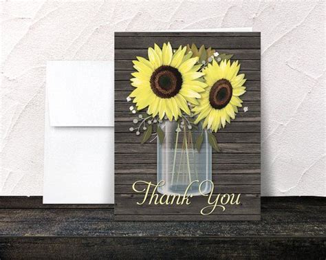 Rustic Sunflower Thank You Cards Country Sunflower Wood Mason Etsy