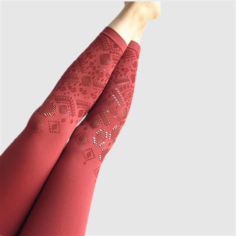 oyoo hollow out red high waist yoga pants sexy flower cutout athletic sport leggings push up