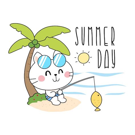 Premium Vector Cute Summer Cats Fishing Illustration