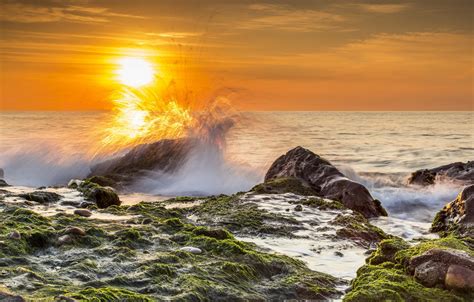 Wallpaper Sea Wave Beach The Sun Algae Squirt Stones