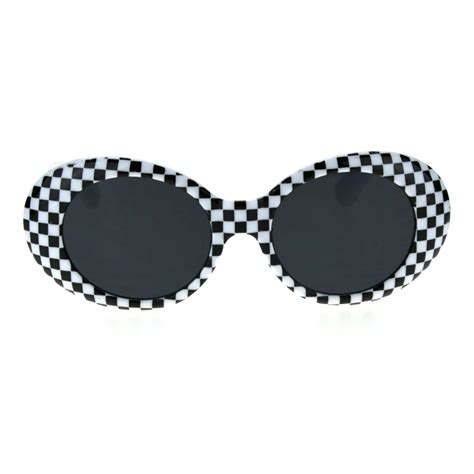 Sa106 Womens Mod White Checker Groovy Oval Thick Plastic Round Sunglasses