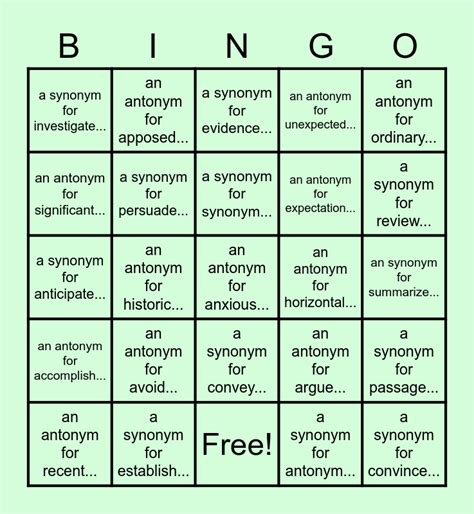 Ela Synonymsantonyms Bingo Card