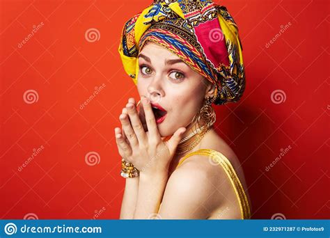 cheerful woman multicolored shawl ethnicity african style red background stock image image of
