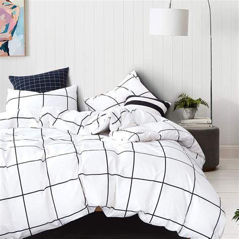 White Grid Comforter Sets Plaid Cotton Bedding Women White And Black