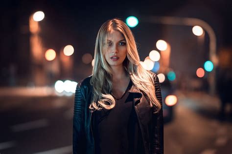 Night City Street Photosession Woman Girl Leather Jacket Night