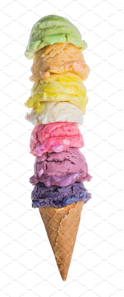 Stack Of Colourful Ice Cream Scoops In A Cone Stock Photo Containing