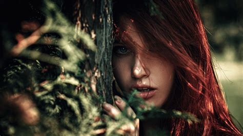 face trees women outdoors women redhead model portrait depth of field blue eyes open