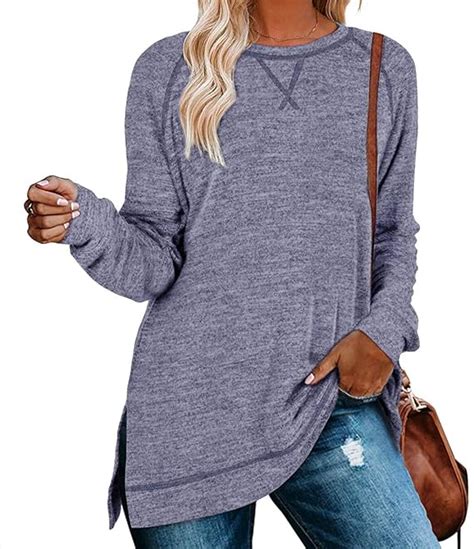 Womens Long Sleeve Sweatshirts Loose Casual Pullover Crew Neck Side