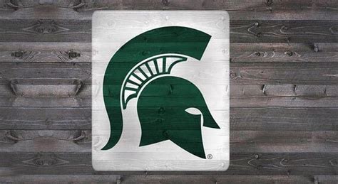 The Michigan State Spartan Logo Is Mounted On A Wood Planked Wall With