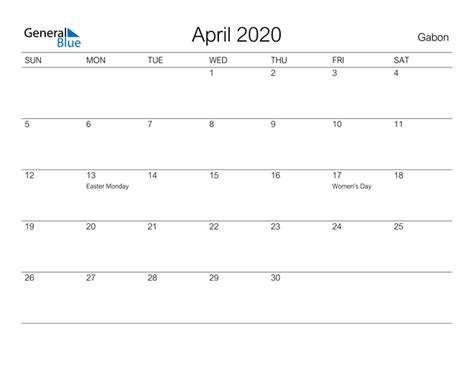 April 2020 Calendar Gabon
