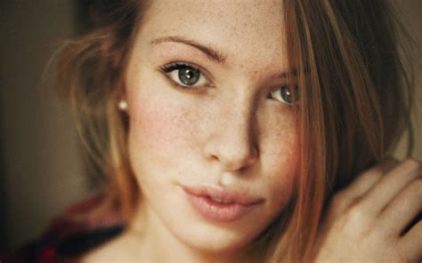 X Women Brunette Short Hair Blue Eyes Freckles Face Closeup