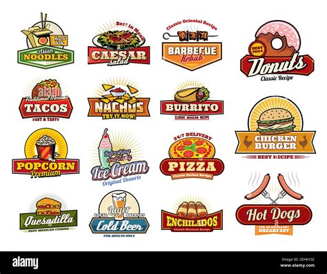 Fast Food Icons Of Fastfood Snacks And Sandwiches Cafe Restaurant Or