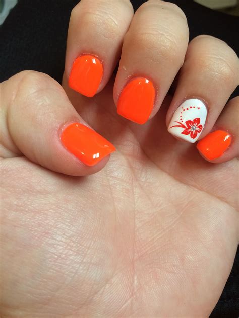 Neon Orange Nails With Flower Orange Nail Art Orange Nail Designs