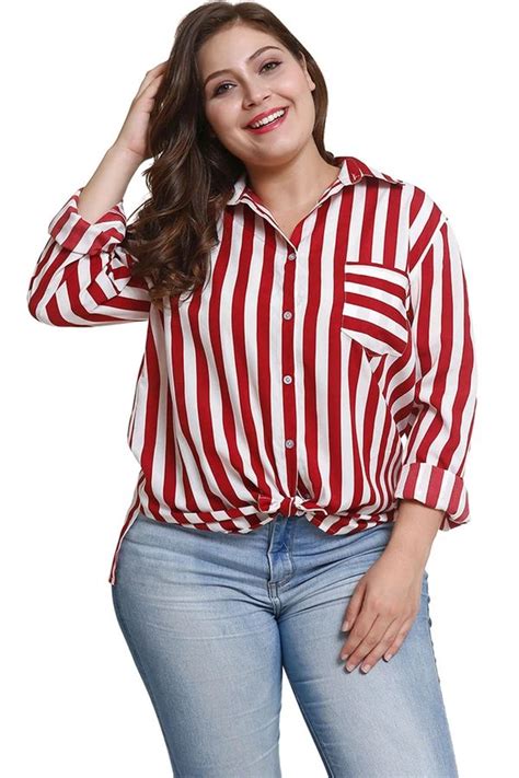Plus Size Red White Stripe Printed Blouse Lolgals Plus Size Fashion