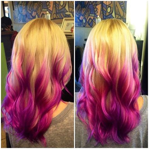 Purple And Magenta Balayage Over Long Layered Blonde Hair