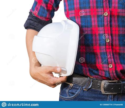 Engineer Hold Safety Helmet Plastic Construction Concept On White