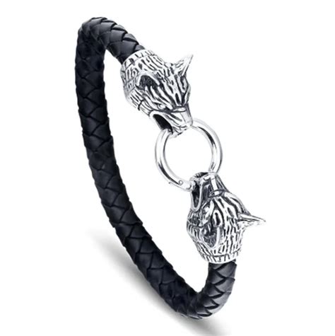 Viking lobo cabeça pulseira para homem trançado pulseira de couro