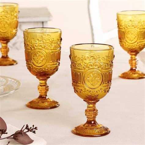 Set Of Four Amber Embossed Wine Glasses By Dibor Wine Goblets Wine Glass Set Glassware Set