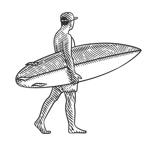 Man With Surfboard Vector Illustration In Engraving Style 6035603