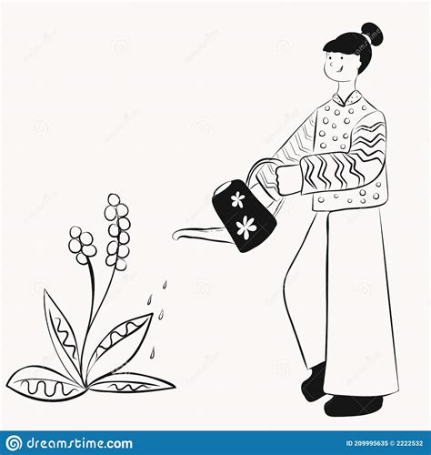 A Girl Waters Flowers From A Watering Can Stock Vector Illustration Of Person Isolated 209995635