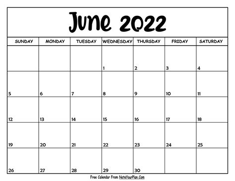 Printable June 2022 Calendar Sunday Saturday