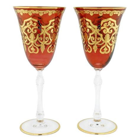 Glassofvenice Set Of Two Murano Glass Wine Glasses 24k Gold Leaf Red Ebay