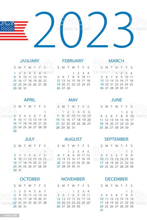 Calendar 2023 Year Vector Illustration American Version Week Starts On