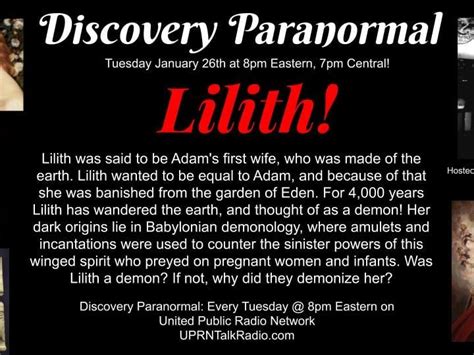 Discovery Paranormal Lilith Was Said To Be Adams First Wife Who Was Made Of The Earth Lilith
