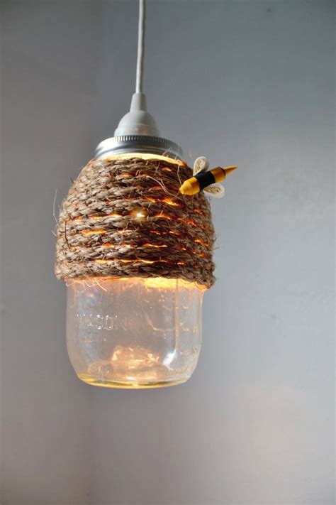 The Hive Mason Jar Pendant Lamp Hanging Lighting Fixture With A Rope