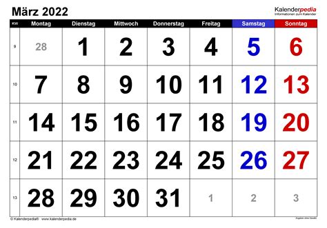 Kalender März 2022 Als Excel Vorlagen