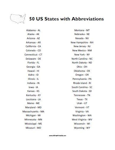 Printable List Of State Abbreviations In Alphabetical Order Photos