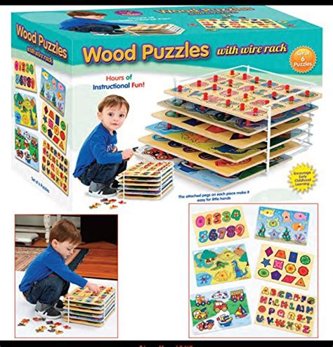 Etna Wood Peg 6 Puzzle Set With Wire Storage Rack Abc Numbers