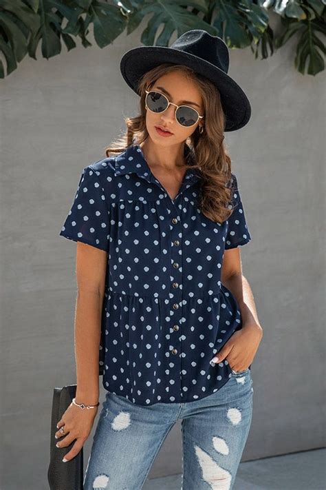 Polka Dotted Blouses With Short Sleeve And Button Down In 2020 Navy Blue Polka Dot Blouse