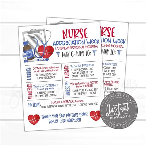 Nurses week is just around the corner and many of our colleagues won't even have the time or inclination to celebrate this normally fun week. EDITABLE Nurse Appreciation Week Itinerary Poster ...