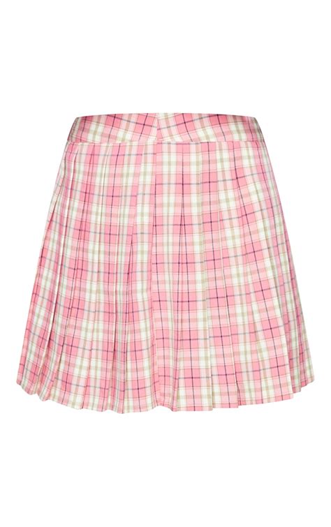 Pink Woven Check Pleated Tennis Skirt Prettylittlething Usa