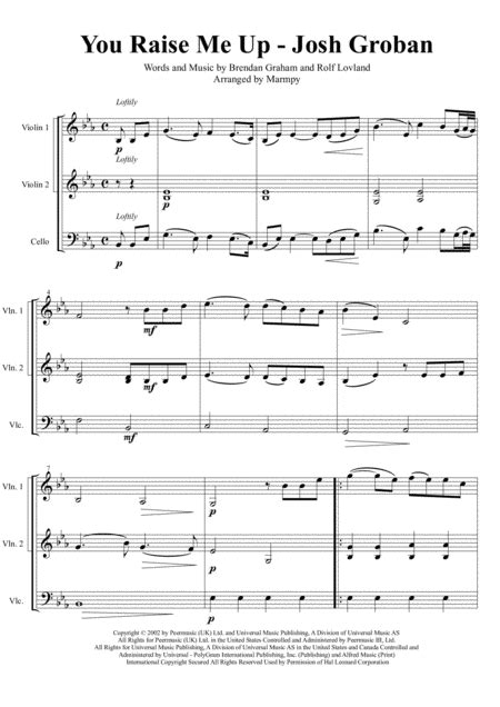 You Raise Me Up Trio For Violin Cello And Piano Free Music Sheet