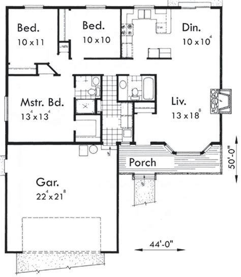 Tiny house floor plans come in multiple styles. One Level House Plan 3 Bedrooms 2 Car Garage 44 Ft Wide X ...